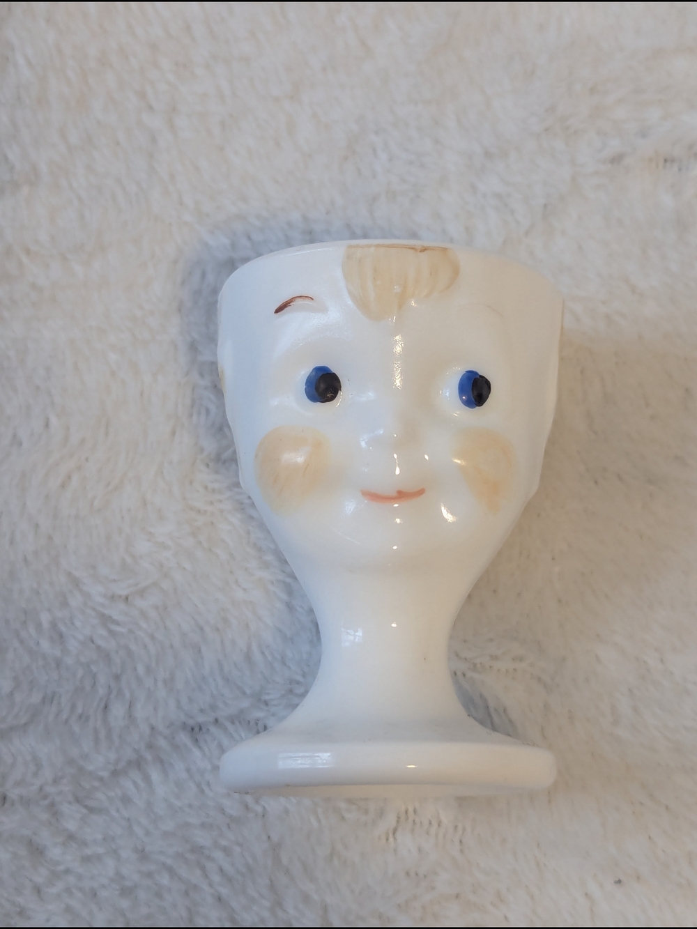 White Ceramic Face Egg Cup with Hand-Painted Details